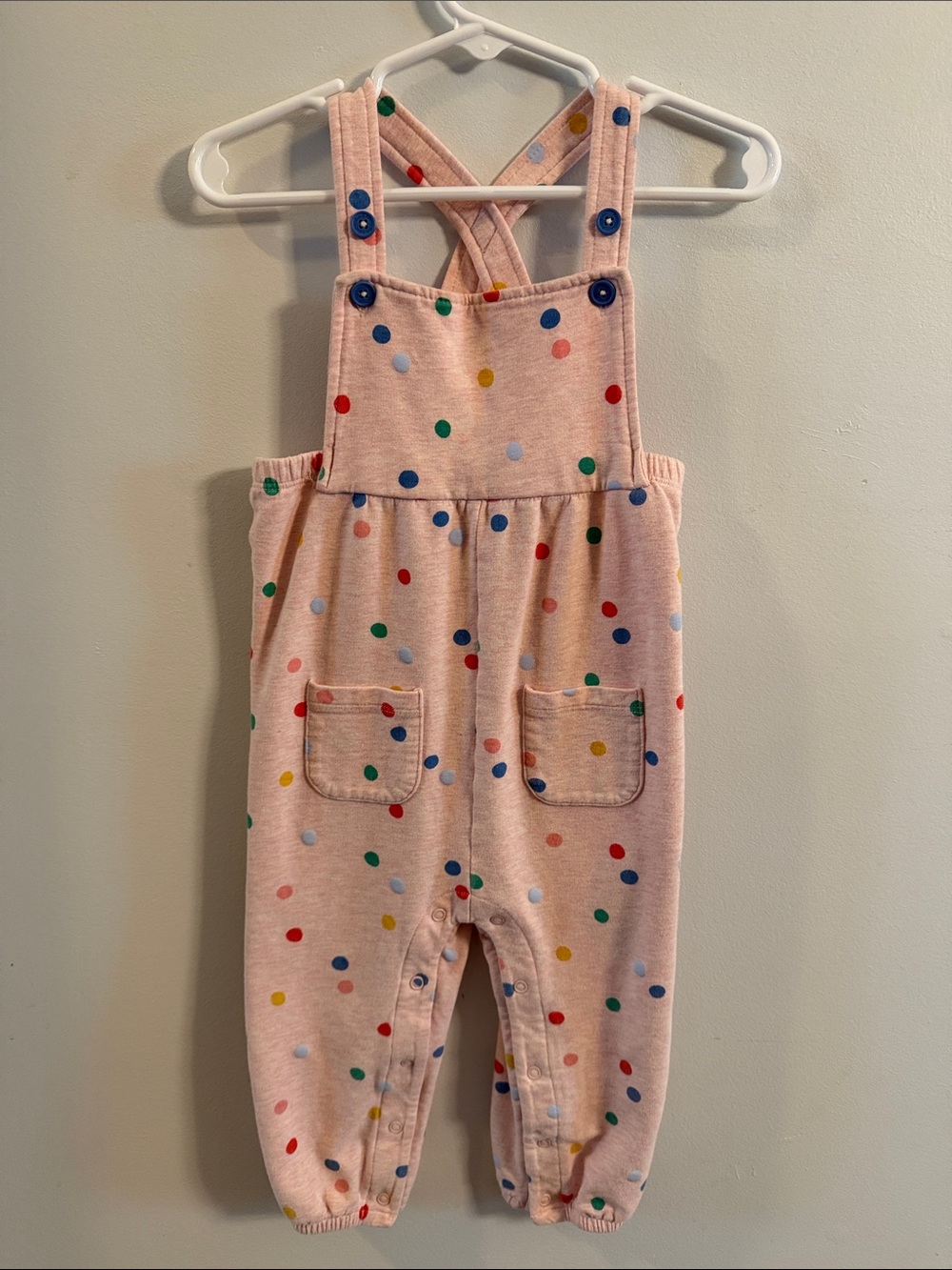 Baby Boden Cheerful Pink Polka Dot Knit Overalls with Cross Back Straps